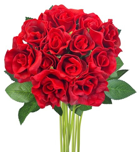 Royaya 12 Rosas Artificiales, Tallo Largo 35 cm, Flores PU Real-Touch para Bodas, Ramos, Centros de Mesa, Decoración del Hogar y Oficina, DIY