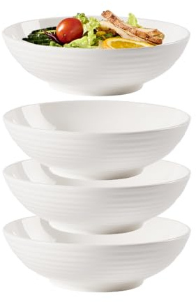 SHZMJL Juego de 4 cuencos de cerámica blanca de 7 pulgadas, cuencos de pasta para cocina, cuencos de ensalada de porcelana, platos grandes para servir sopa, cereales, ensalada, ramen y frutas