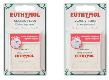 Euthymol Filo interdentale rosa, 50 m x 2, rivestimento in cera vegana, sapore di menta, ampio filo interdentale per bretelle, ponti e impianti, sbiancamento e prevenzione delle macchie, efficace