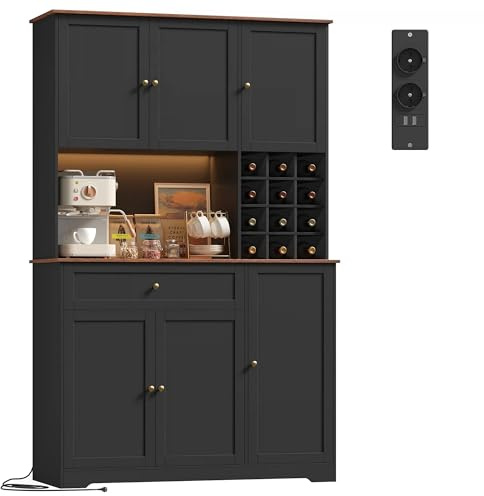 FirFurd Kitchen Cupboard Tall Kitchen Cabinets with LED, Power Outlet, Sideboard Storage Cabinet with Wine Rack for 12 Bottles, Countertop and Drawer Dining Room Furniture180x100x39cm Black