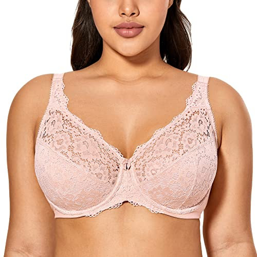 DELIMIRA Donna Reggiseno in Pizzo con Ferretto Taglie Forti Sostegno Senza Imbottito Rosa Nudo 4C