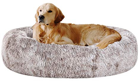 Coohom Oval Calming Donut Cuddler Dog Bed,Shag Faux Fur Cat Bed Washable Round Pillow Pet Bed(30/36/43) for Medium Dogs (XL(36x27x7),Light Brown)