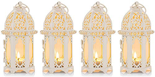 Nuptio Linterna de Vela Estilo Marroquí de 4 Piezas - Portavelas de Tealight de Tamaño Pequeño con Paneles de Vidrio Transparente Ideal para Patios, Interiores/Exteriores, Fiestas y Bodas, Blanco