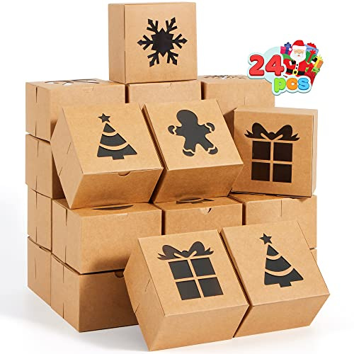 Set med 24 kaklådor i kraft; 10 x 10 x 6,3 cm automatisk popup presentförpackning för julmuffins, kakor, brownies, munkar, tryffelgåvor.