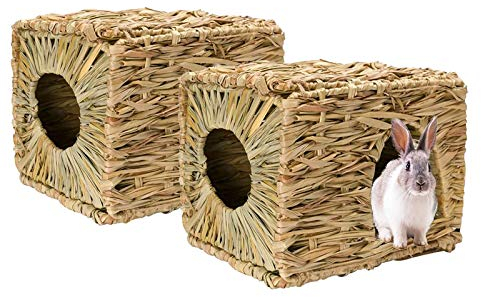 Tfwadmx Rabbit Grass House 2PCS, Extra Large - Natural Hand Woven Seagrass Play Hay Bed, Hideaway Hut Toy for Bunny Hamster Guinea Pig Chinchilla Ferret