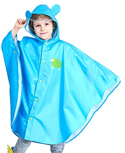 Coralup Kids Hooded Rain Poncho Durable Waterproof Windbreaker Boys Riding Raincoat Kindergarten Rainwear Blue Sheep 5-6 Years