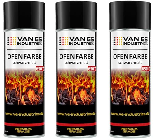 VE-INDUSTRIES Thermolack 3x 400ml Spray Ofenlack Auspufflack Hitzebeständiger Lack 650°C Ofenfarbe Schwarz matt