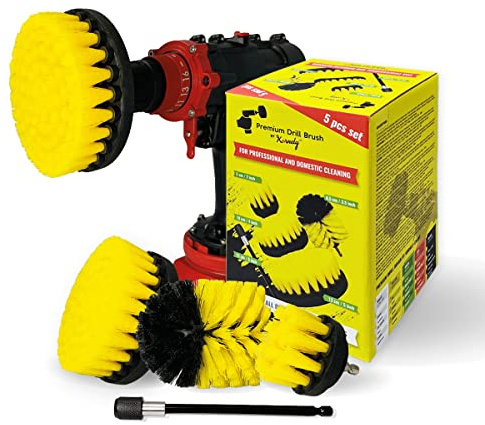 Kornely Premium Drill Brush, Medium-Soft 5pcs Kit, Yellow, Tile and Bath | 13/10/8.5/5 cm + 15 cm ext, 10x efficient, scratch-free; grout, showers, bathtubs, fibreglass, ceramic; hex shafts 6/8 mm