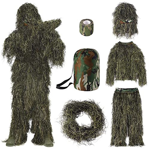 Seeutek 5 in 1 Ghillie Suit - 3D Camouflage Hunting Suits - Jacket, Pants, Hood, Carry Bag for Adults & Youth, M/L/XL/XXL