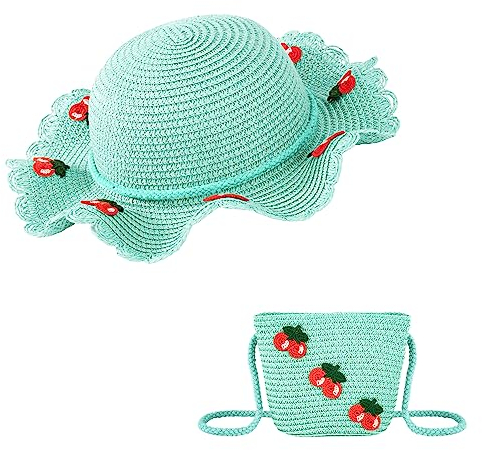 HONGXIN-SHOP Cappello da Sole e Borsa per Ragazze Cappello di Paglia con Decorazione a Ciliegia Cappello da Spiaggia Vacanza Cappellino Traspirante Outdoor 3-7 Anni (Verde/S)
