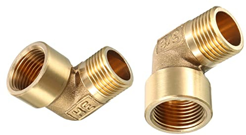 DTGN 3/8 BSP x 3/8 PT (Macho x Hembra) 90 Grados Latón Tubería Accesorio - 2 Paquete - Bueno para Agua Tubería Sistema - Latón Codo Adaptador - Dorado Tono