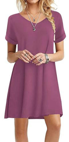 Actcat Sommerkleid Damen Kurzarm Loose Swing-Kleid Mit Taschen A-Linie Casual Kleider, Shirtkleid T-Shirt Kleid Festlich Sexy Strickkleid, Mauve, S