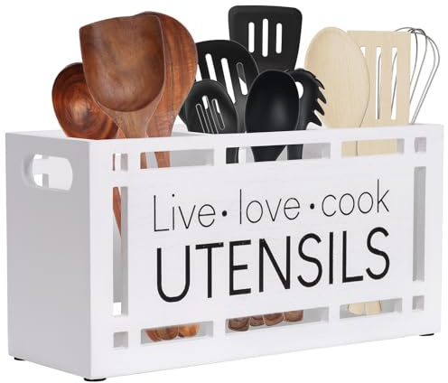 Karisky Portautensili per bancone della cucina, grande 3 scomparti in vero legno massiccio, organizer per utensili da cucina, con 4 cuscinetti antiscivolo, rettangolare, per piano di lavoro, bianco