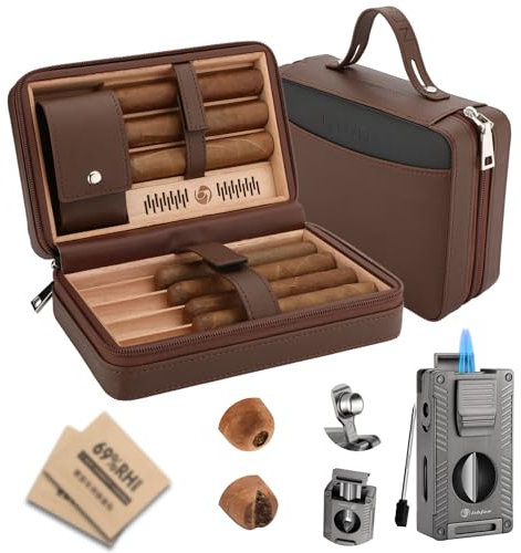 LIHTUN Zigarren-Humidor, Leder-Reise-Zedernhumidor mit 5-in-1-Multifunktions-Zigarrenfeuerzeug-Set, tragbarer Reise-Humidor und Feuchtigkeitsmesser
