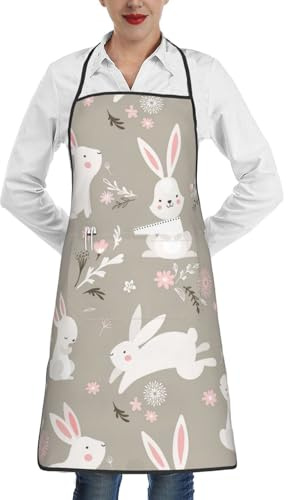 Luckily&Day Tablier de cuisine fantaisie avec poches pour femme - Motif lapin de Pâques - Blanc - Taille unique, Blanc, taille unique