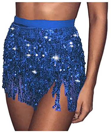 Danshinbow Halloween Sequin Costume Belly Dance Skirt Hip Belt Tassel Skirt Hip Wrap Scarf Rave Music Festival Costume for Women (UK, Waist, 26, Regular, Regular, Royal Blue)