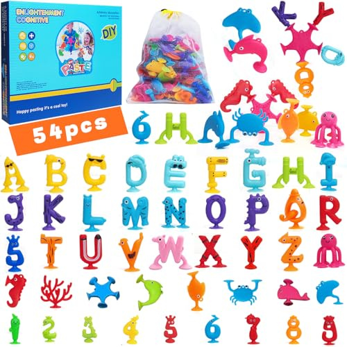 Dazhtu Juego de Ventosas, 54 Piezas Juguetes Bañera,Juguetes Sensoriales, Juguetes de Viaje,Juguetes de Ventana,Montessori Juguetes a Partir de 3,Juguetes de iluminación con Forma de Letras y números