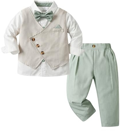 Volunboy Ensemble Costume Bébé Garçon Gentilhomme, Costumes Mariage Gilet Chemise Pantalon avec Noeud Papillon(2-3 Ans,Vert Clair,Taille 100)