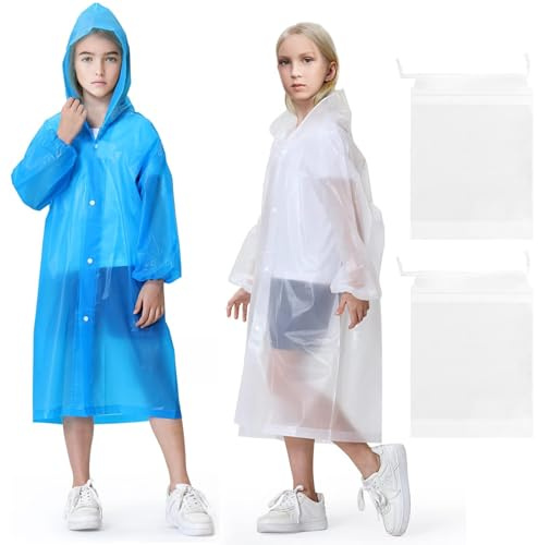 2Pcs Poncho de Pluie Transparent Enfant Réutilisable, Cape de Pluie Imperméable Enfant Portable, Vêtements de Transparent avec Capuche 2 Sacs à Cordon pour Garçons Filles 5-12 Ans