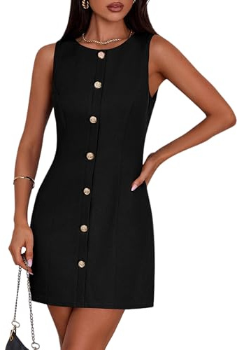 PRETTYGARDEN Work Dresses for Women 2026 Summer Business Formal Short Dress Sleeveless Button Down Elegant Office Outfits (Black,Medium)