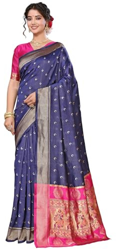 KULIA® Indian Saree med osömd blus Etnisk eldvävning Banarasi Jacquard Marinblå Kanjivaram Saree