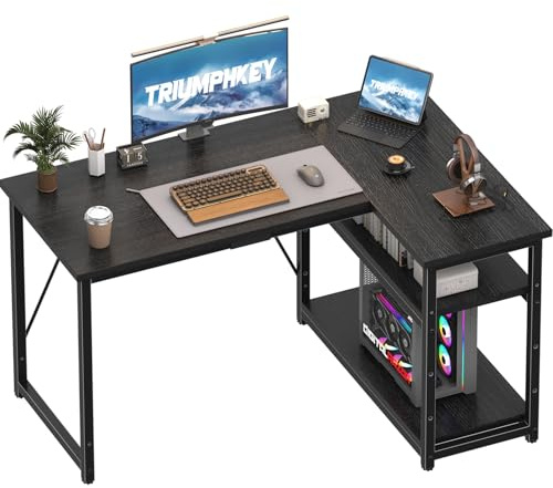 TRIUMPHKEY 120 * 80cm L Shaped Computer Desk with Reversible Large Storage Shelves, Corner Desk Computer Workstation Matching Under Desk Height Adjustable Storage, Home Office Work Table Black