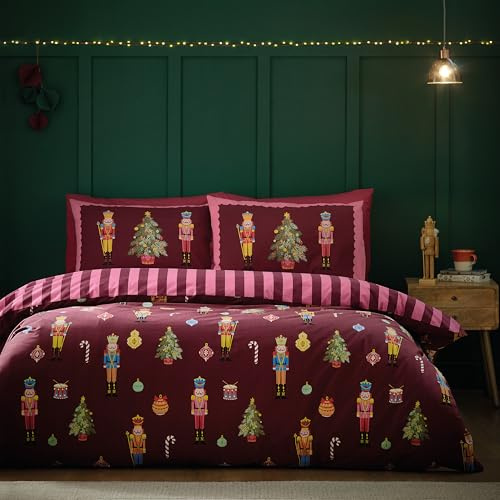Catherine Lansfield Christmas Nutcracker Stripe Reversible King Duvet Cover Set with Pillowcases Plum