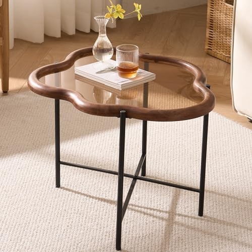 Cagnolier Soffbord i Glas - Vardagsrumsbord Med Bordsskiva av Glasbord, Vintage Valnötsfärger 67 × 56 × 45 cm