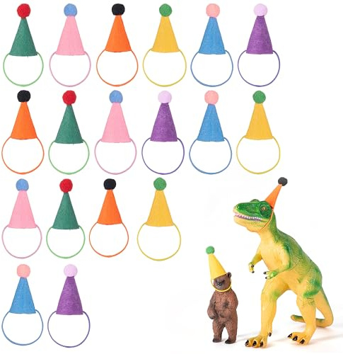 Fiestivo 18Pcs Mini Party Hats for Stuffed Animals Figures Toys Dinosaur Tiny Hats for Crafts Colorful Doll Party Decor Adjustable Cone Hat with Tinsel Pom Pom Birthday Cake Toppers Accessories