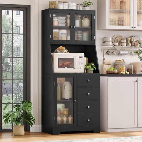 BOTLOG 64'' Kitchen Pantry Storage Cabinet, Tall Kitchen Storage Cabinet with Microwave Stand, Hutch Cabinet with Adjustable Shelves, for Dining Room, Black