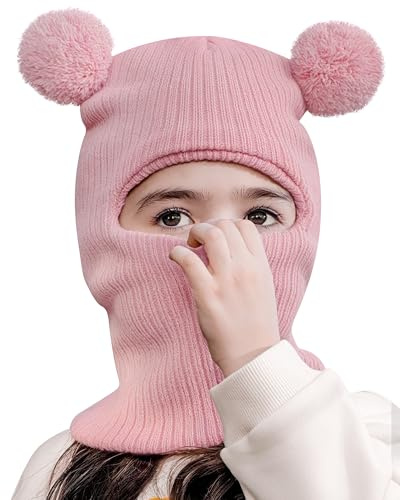 KAKU NANU Stickad mössa för pojkar med balaclava, pom och öronmuffar för pojkar och flickor i åldrarna 2 till 8 år, Rosa, 8-14 años