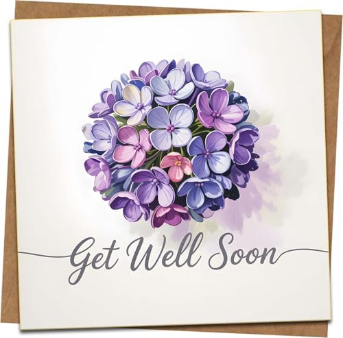 Get Well Soon Card – Floral Bouquet Design, 145mm x 145mm Square Greeting Card with Kraft Envelope – Blank Inside – Sympathy, Recovery, Thinking of You