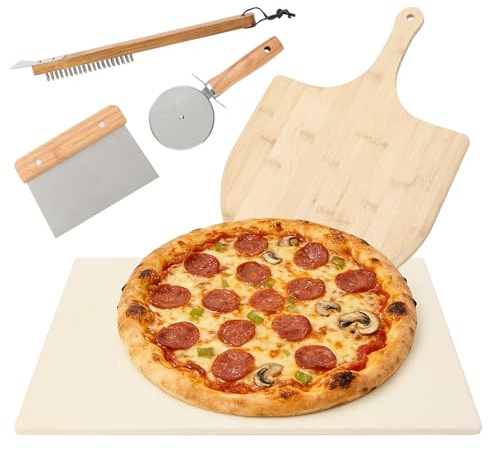 Juego de 5 piedras para pizza para horno y parrilla, herramientas para hacer pizzas con piedra de hornear de 37,5 cm, pala para pizza, cortador de pizza con rueda, cepillo para horno, raspador, para