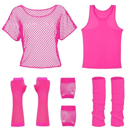 Générique Déguisement Année 80 Femme Tenue Filet Néon - Set 8 Pièces avec T-Shirt Résille Débardeur Jambières & Gants - Costume Adulte Fluo pour Carnaval Danse Soirée à Thème