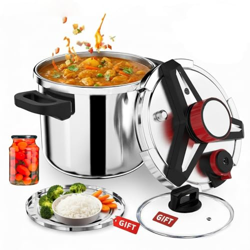 4-In-1 304 Stainless Steel Pressure Cooker 12L Quart & Explosion-Proof & 3 PSI Settings & One-Hand Locking Pressure Canner & Glass Lid Steamer Rack Included,Induction Compatible,Gas Stovetop