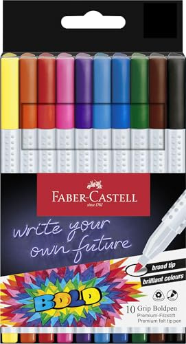 FABER-CASTELL 155317 – Filtspennset Boldpen, 10 grip-filtspennor med 1 mm linjebredd, tvättbar bläck