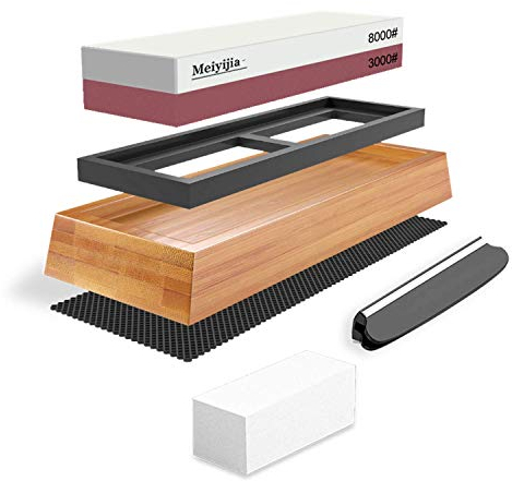Meiyijia pietra per affilare 3000/8000 grit, cote 2 in 1, Supporto in Gomma Antiscivolo e Base in bambù,comprende Pietra Appiattita,Set