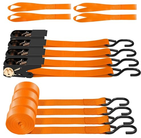 AWELCRAFT Ratchet Straps, 1500 lbs Breaking Strength - Premium 4X 15ft Tie Down Strap Set, 4X Soft Loops for Moving Appliances, Lawn Equipment, Motorcycle (Orange)