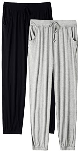 vislivin Schlafanzughose Damen Pyjamahosen Lang Freizeithose Stretch Yogahose Weiche Frauen Nachtwäsche Hosen Schwarz/Grau XL