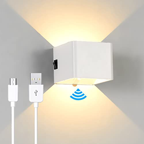ACMHNC Lampada da Parete Senza Fili, Applique Ricaricabile da parete interno con Sensore di Movimento, 5W LED lampade senza corrente, Bianco Caldo, per Cameretta, Scale, Corridoio, Bianco