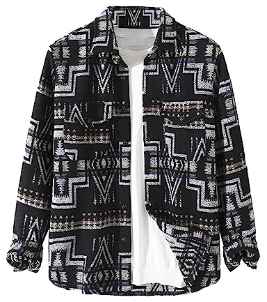 VIEWON Men's Casual Print Button Down Woolen Long Sleeve Lightweight Lapel Western Shacket Jacket Coat, Black, XXL