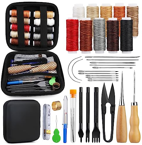 Leder Nähen Werkzeuge und Zubehör, Lederhandwerk Machen Nitlak Leder-Nähset, Lederpolster-Reparaturset, Nähwerkzeuge mit gewachstem Faden, Nähset für DIY-Lederhandwerksprojekte