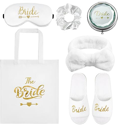 Hestya 6 Regali per Sposa Addio al Nubilato tra Cui Pantofole da Sposa Elastico Bianco Fascia per Capelli Borsa Tote Maschera per Occhi in Seta Specchio da Trucco per Proposta Festa Matrimonio Spa