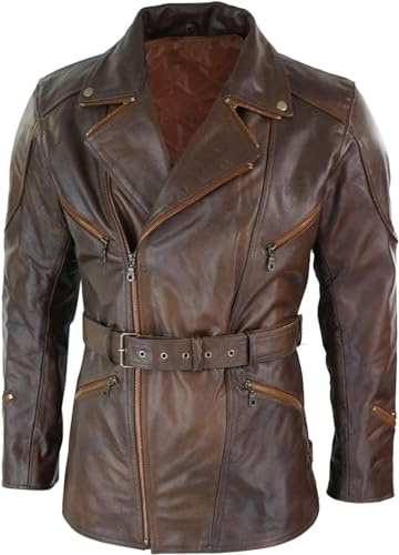 LP-FACON Manteau en cuir 3/4 pour homme - Manteau long en cuir marron pour moto, hiver, motard, longueur 3/4, veste Cafe Racer, marron, L