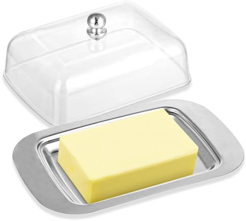 FHISKUNYU Mantequera, con tapa y asa Mantequera de acero inoxidable，para 250 g de mantequilla, adecuada para guardar queso, platos fríos, pasteles, postres，Frutas