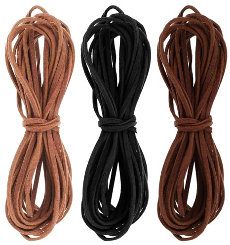 Piriuuo 3 rullar lädersnöre, 10 m x 3 mm platt läderband, fuskmocka-snöre för gör-det-själv-hantverk, nyckelband, armband, halsband, skosnören, presentförpackningar (kaki, brun, svart)