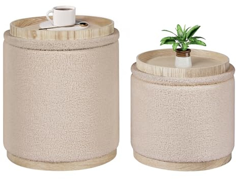 Bonlife Round Beige Ottoman with Storage Set of 2,Makeup Vanity Stool Chair,Ottoman Coffee Table for Living Room,Bedroom,Dining Room,39x39x44cm