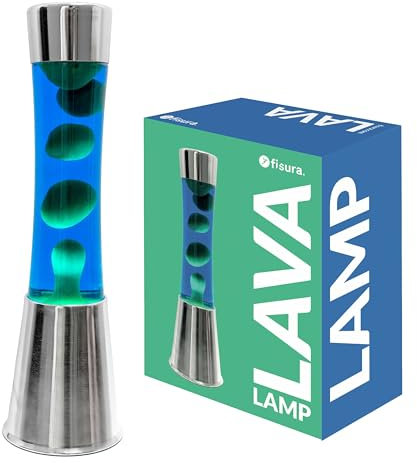 Fisura - Lámpara de lava verde y azul. Base cromada, líquido azul y lava verde. Lámpara efecto relajante. Con bombilla de repuesto. 11 cm x 11cm x 39,5 cm.