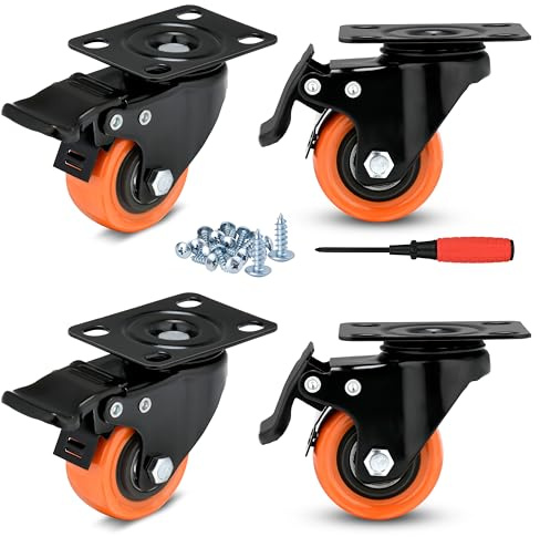 2 Inch Caster Wheels, Casters Set of 4 with Brake and Load 600 Lbs, Locking Industrial Swivel Top Plate Casters Wheels for Tiny Furniture and Small Workbench Cart