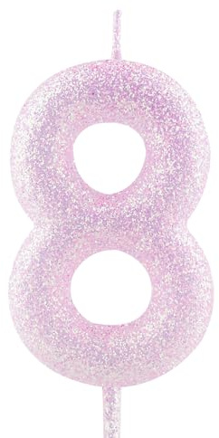 Cxryrzhe Vela de cumpleaños número 8 rosa y morado iridiscente con purpurina para decoración de tartas para niñas y mujeres, suministros de decoración de fiesta de aniversario